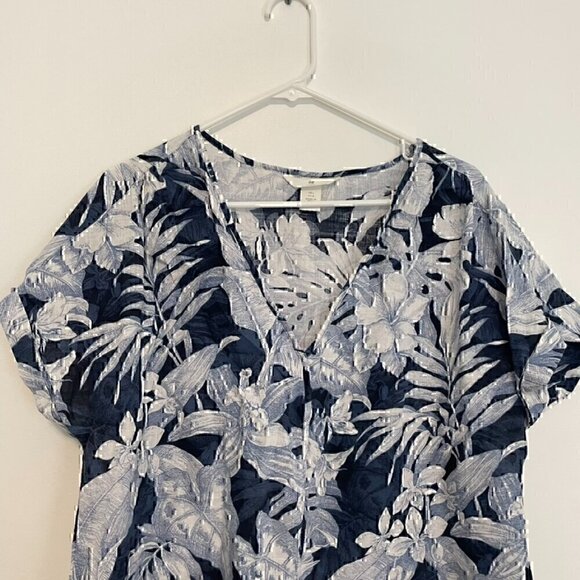 H&M L.O.G.G. V-Neck Cotton Blouse Blue Tropical Hawaiian Floral Leaf Leaves Boho - Picture 4 of 12
